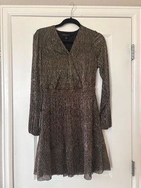 Banana Republic Metallic Brown Long-Sleeve V-Neck Dress